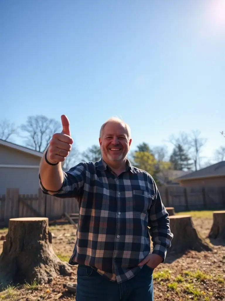 A pristine yard after tree removal, with the homeowner smiling and giving a thumbs up, showcasing a clean and tidy job site.