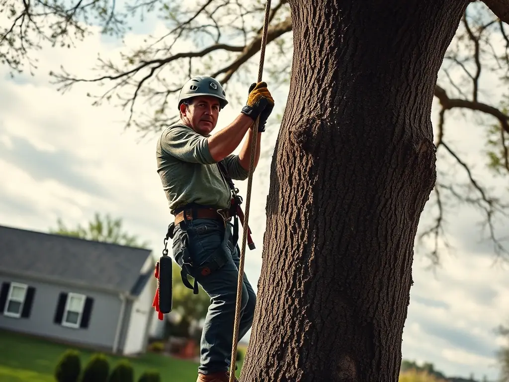A skilled tree climber carefully ascends a tall oak tree, using ropes and harnesses to navigate the branches. He is equipped with a chainsaw and other tools, preparing to remove a dead limb. The background shows a residential property with a well-maintained lawn.