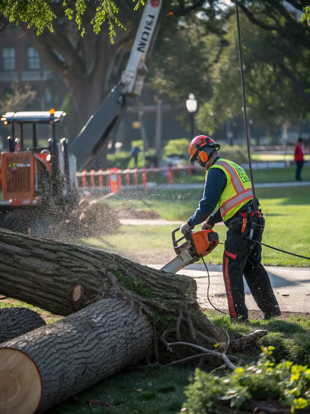 A tree climber using professional equipment to carefully trim branches, highlighting precision and care for tree health.