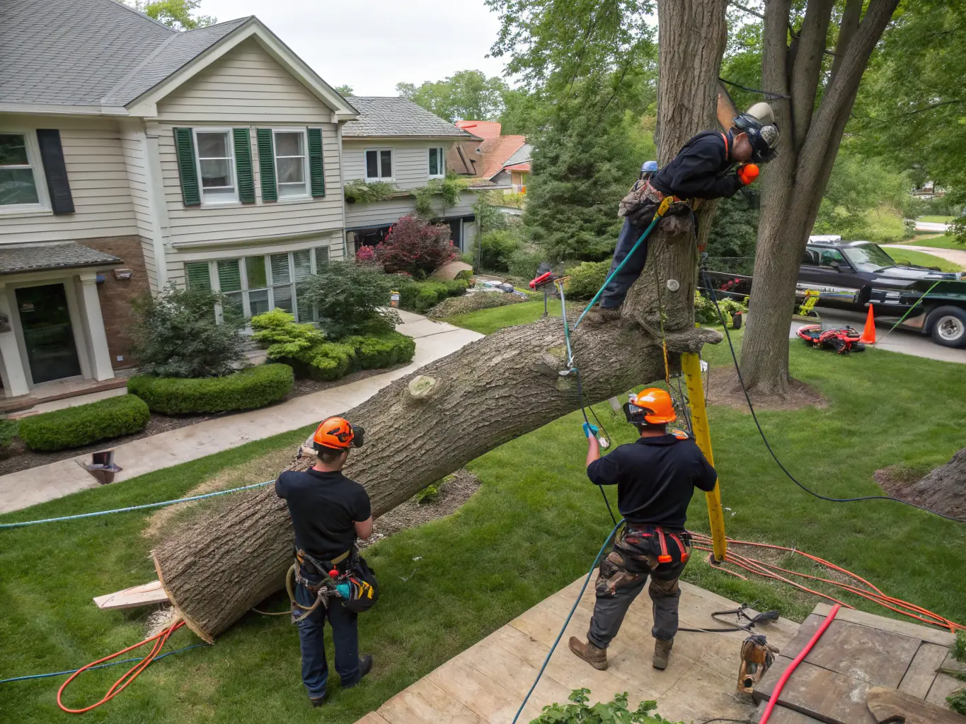 A crane carefully lifts a large section of a tree over a house, demonstrating the precision and control involved in removing hard-to-reach trees. The team on the ground guides the crane operator, ensuring a safe and coordinated operation.