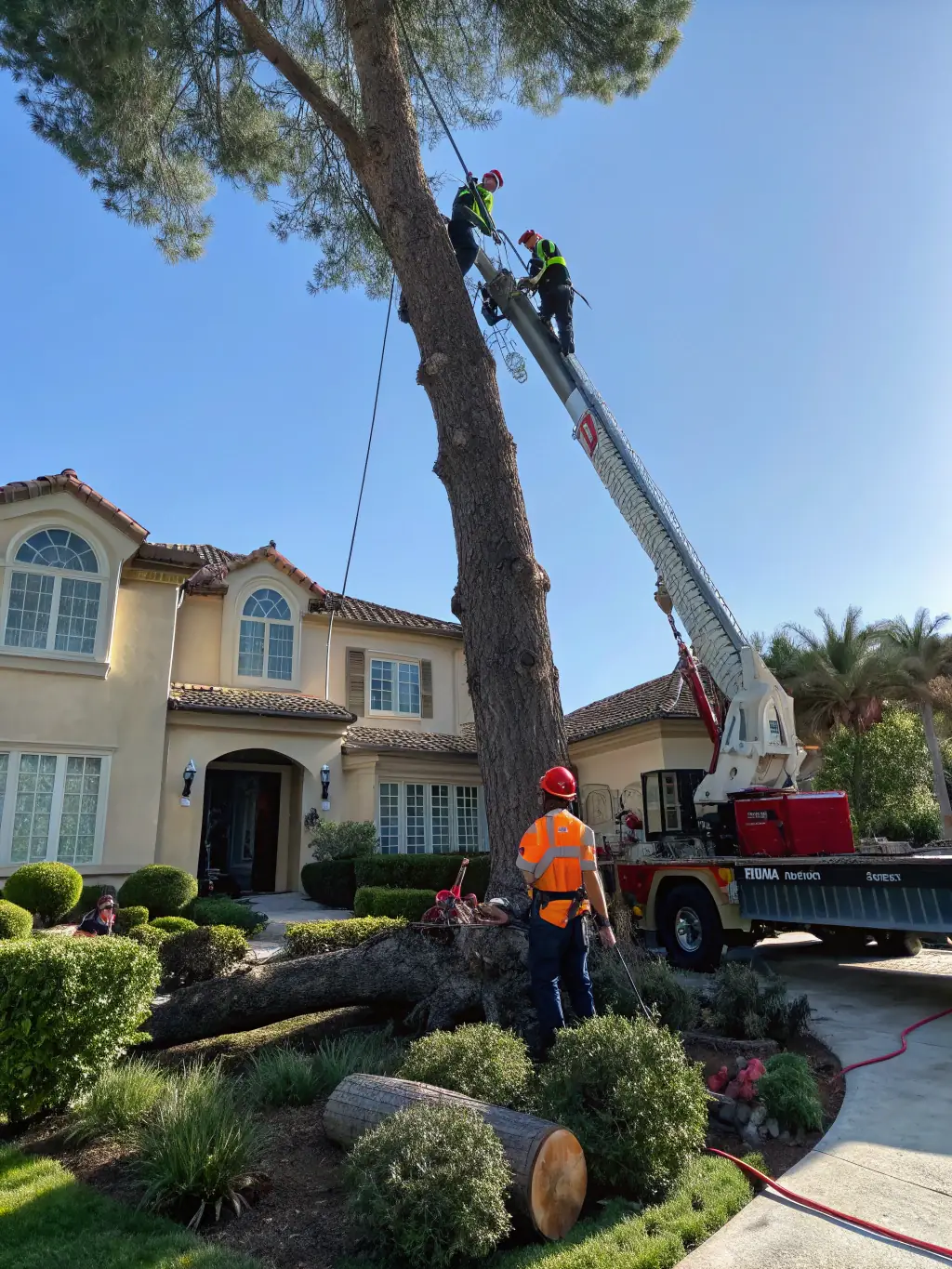 A tree being carefully lowered in sections with ropes and pulleys, demonstrating precise and controlled removal near a house.